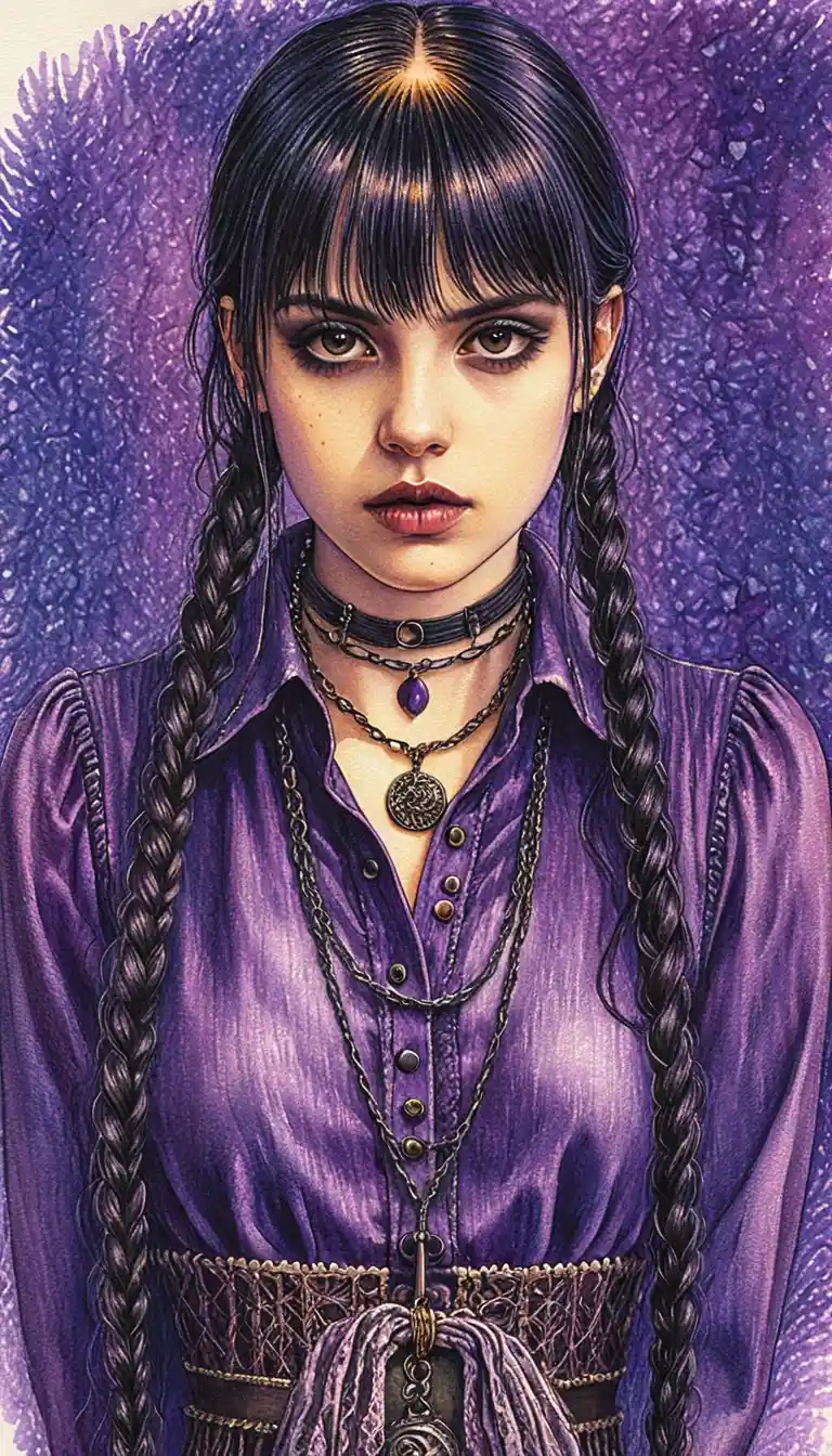 Dark gothic portrait of a braided girl in purple tones