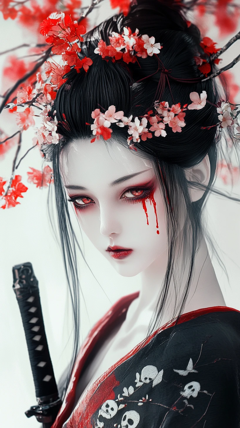Gothic Japanese woman with stitched lips and katana