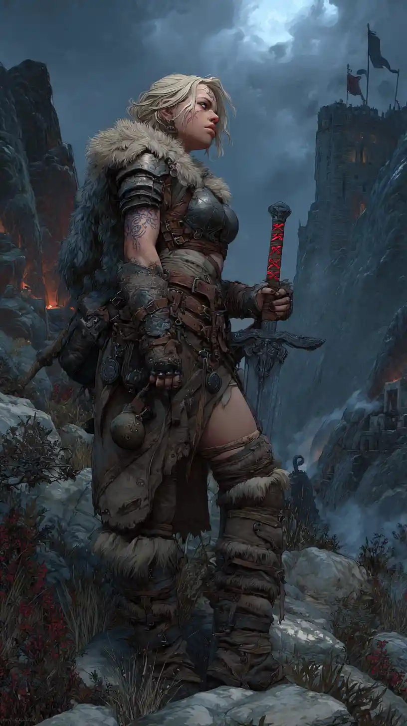 Fantasy warrior woman in a stormy mountain pass