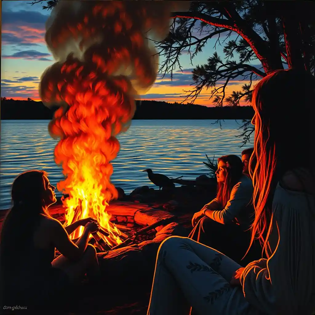 Man gazing into a campfire beside the quiet water