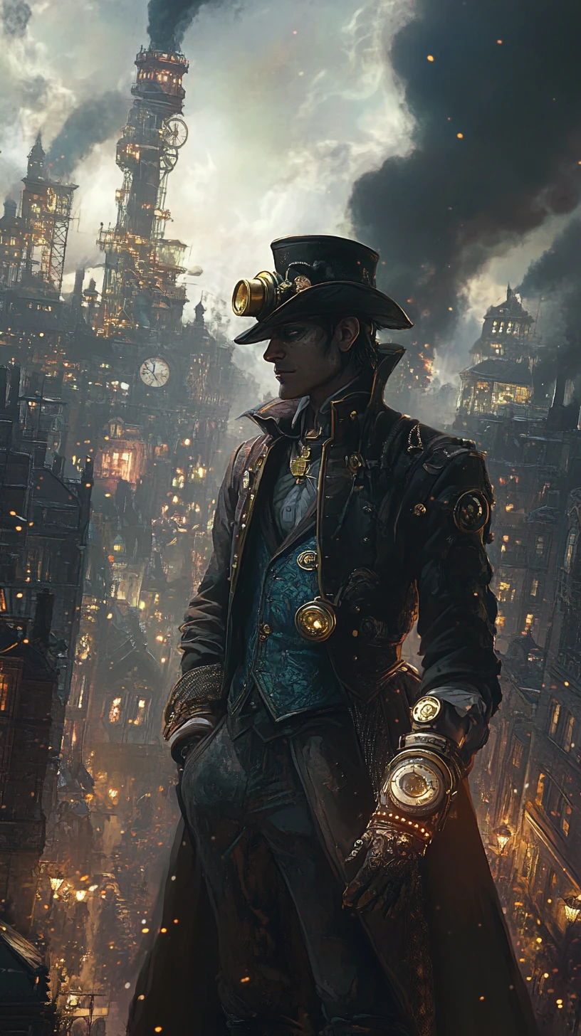 Steampunk clockmaker villain towering over a victorian city