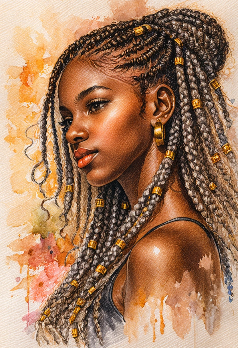 Portrait of an African girl with braided hair in pencil