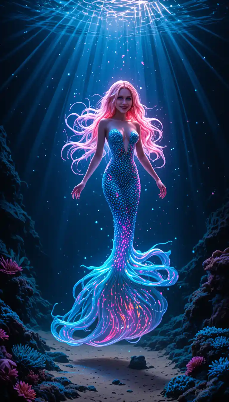 Majestic mermaid gliding above a sunlit ocean floor