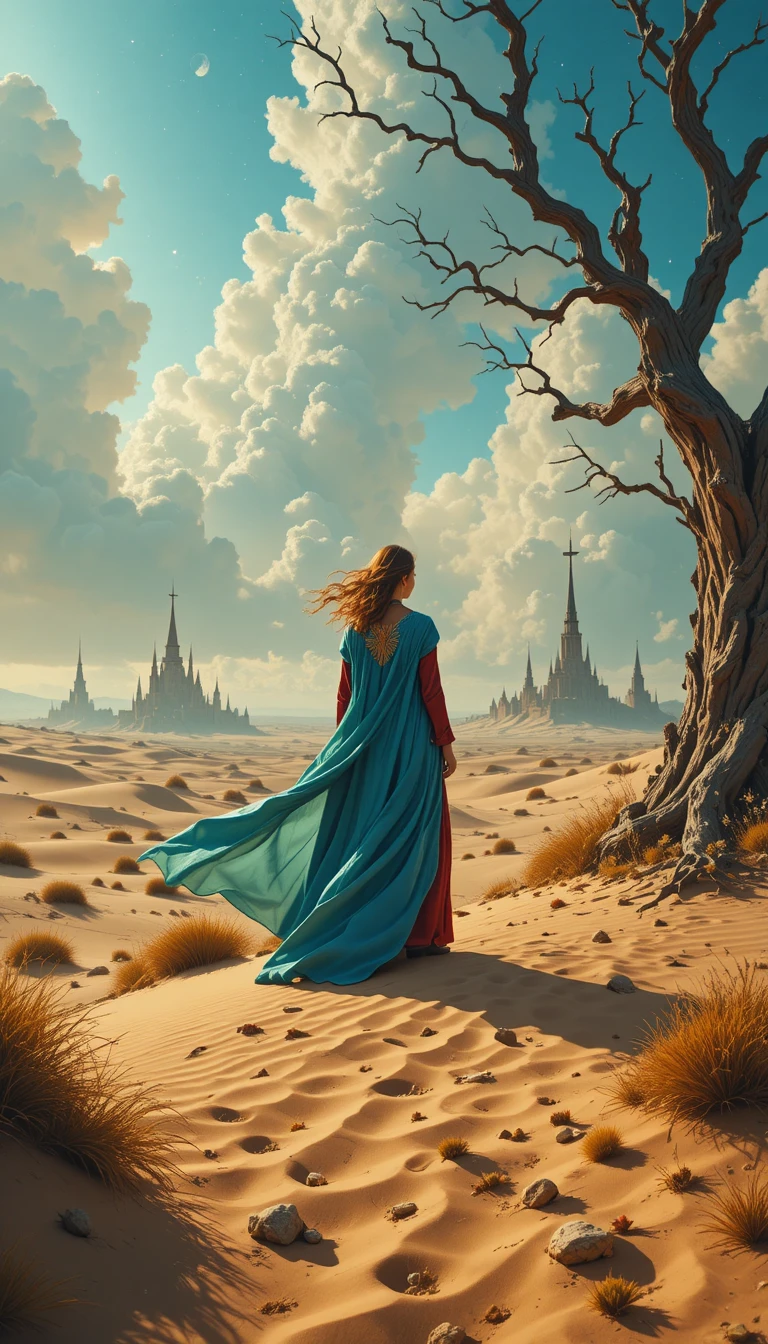 Lone robed woman on desert dune facing distant towers