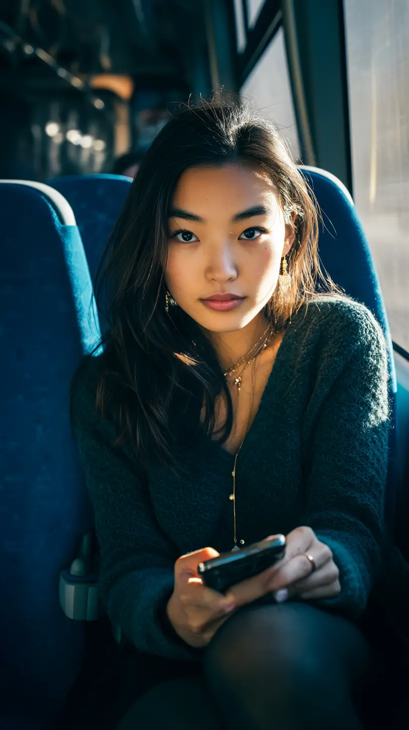 Junge asiatische Frau in einem sonnendurchfluteten Bus in Bordeaux