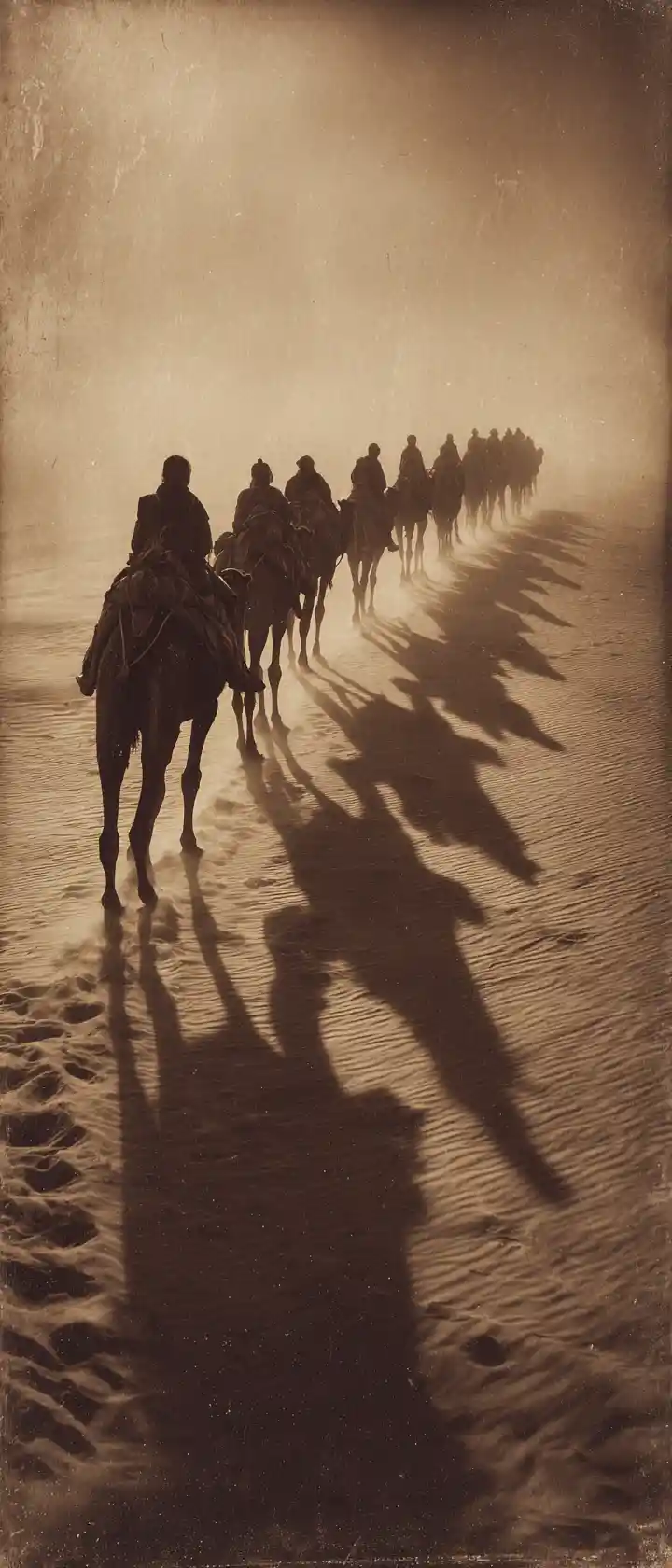 Camel caravan silhouettes crossing golden desert dunes at sunset