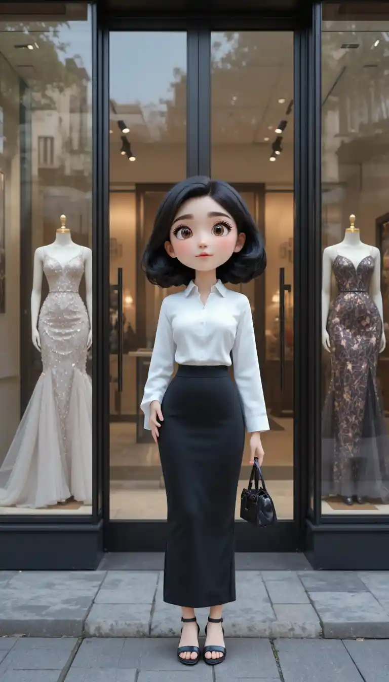 Fille cartoon 3D à l’entrée d’une boutique en tenue stylée