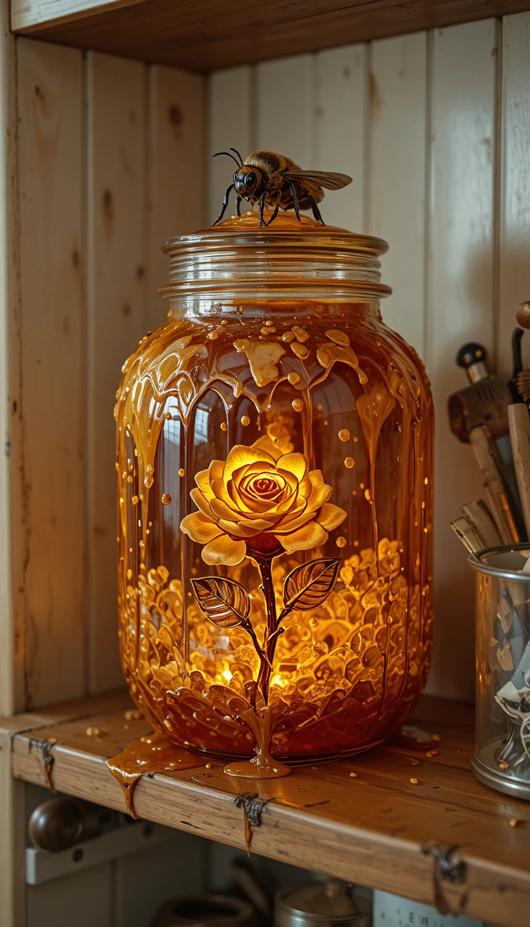 Honey covered glass jar with giant bee on rosebud