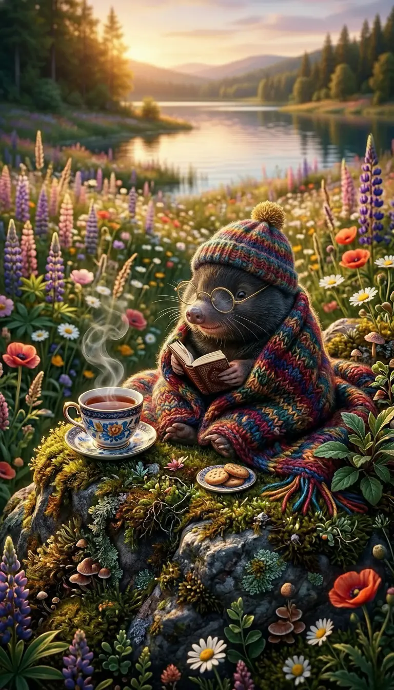 Cozy mole with tea on a mossy rock at lakeside meadow