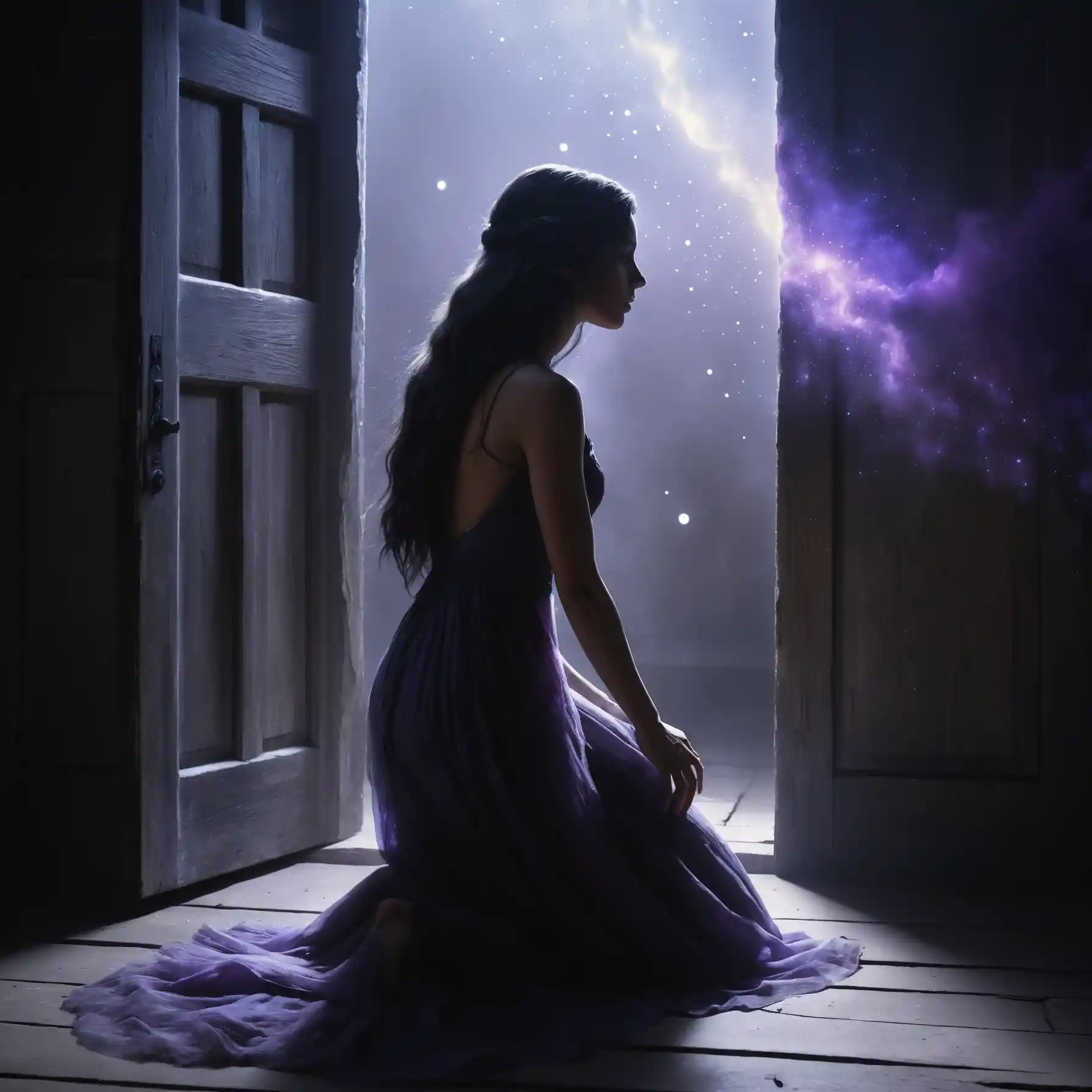 Kneeling woman by glowing door in swirling monochrome void