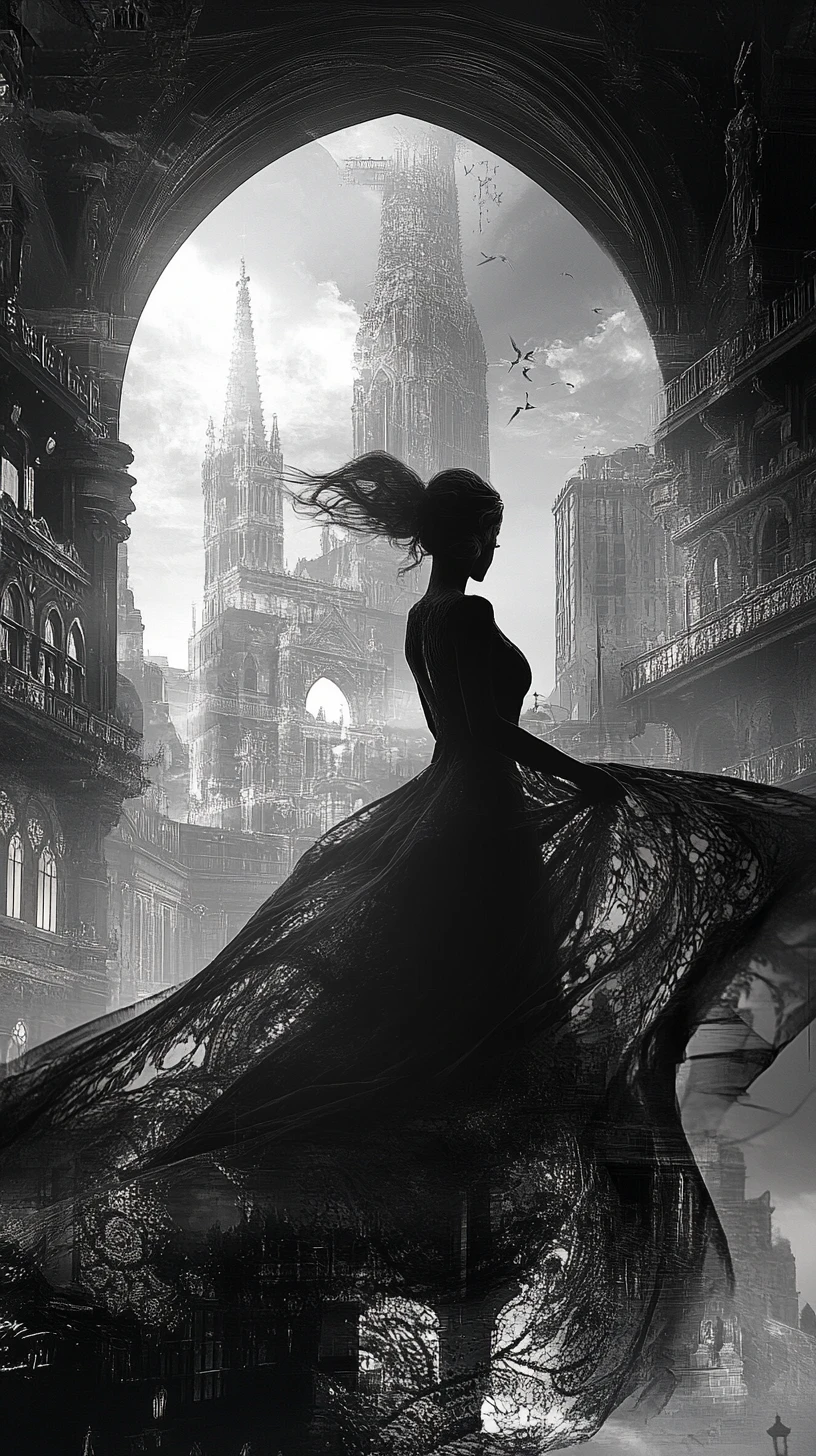 Mystical woman fused with gothic city in double exposure