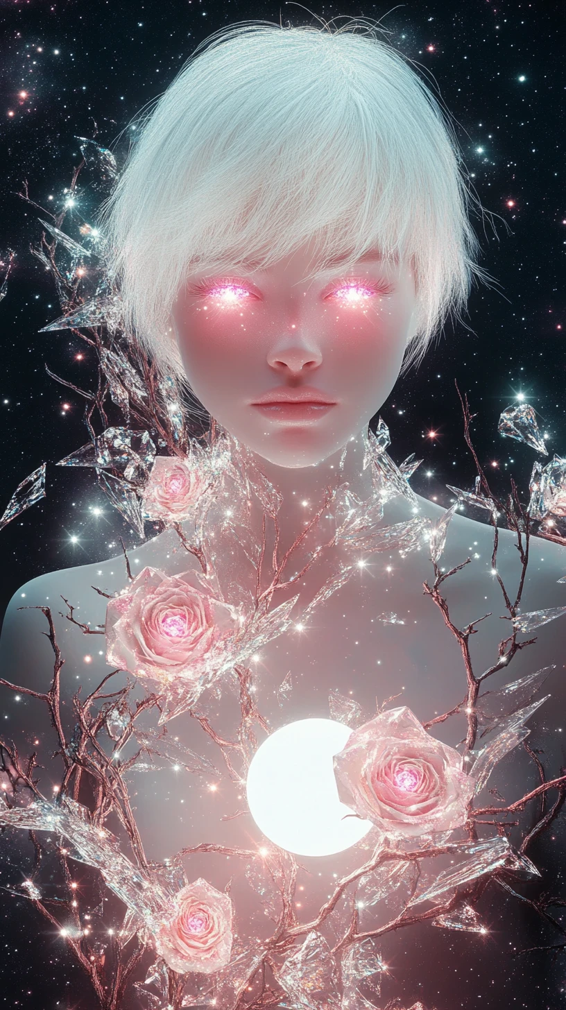 Celestial woman of crystal light with luminous pink eyes