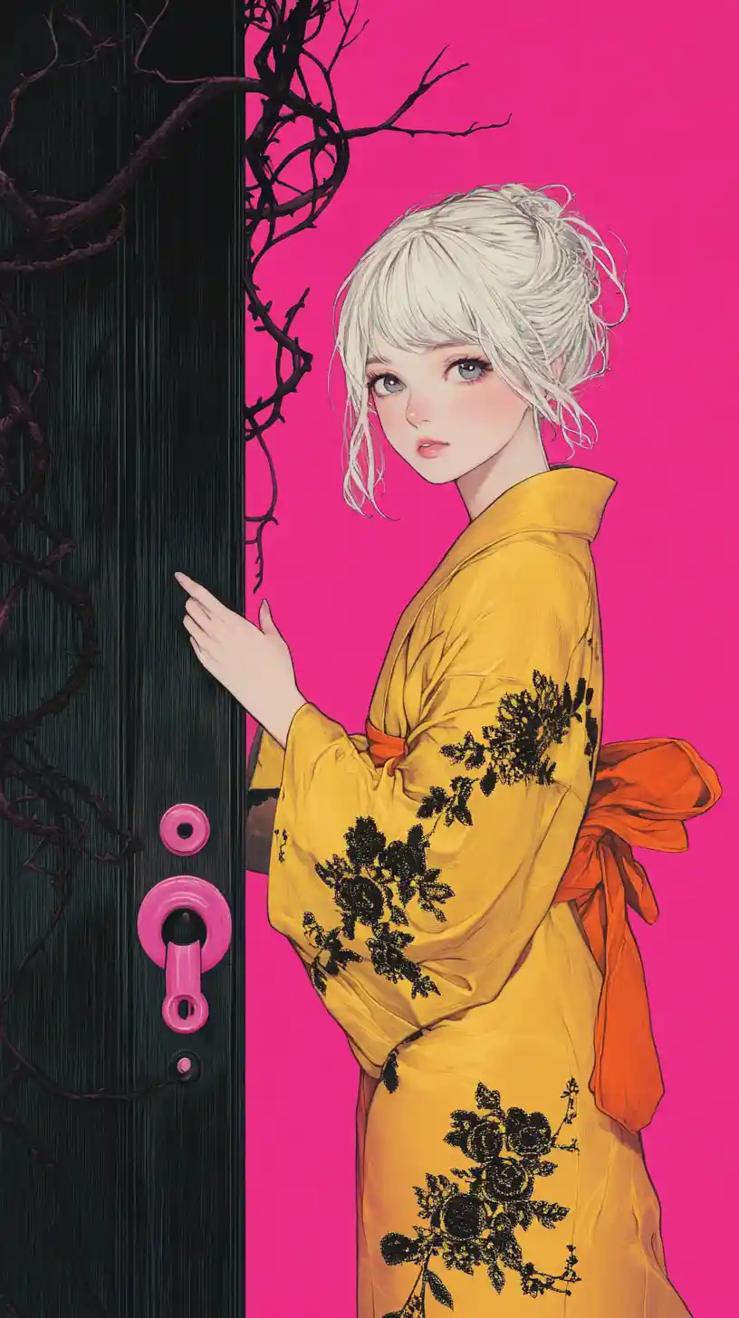 Pensive anime girl in a golden kimono at a dark doorway