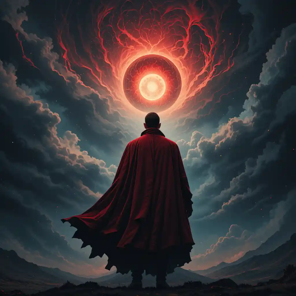 Heroic man in red cape under stormy swirling sky