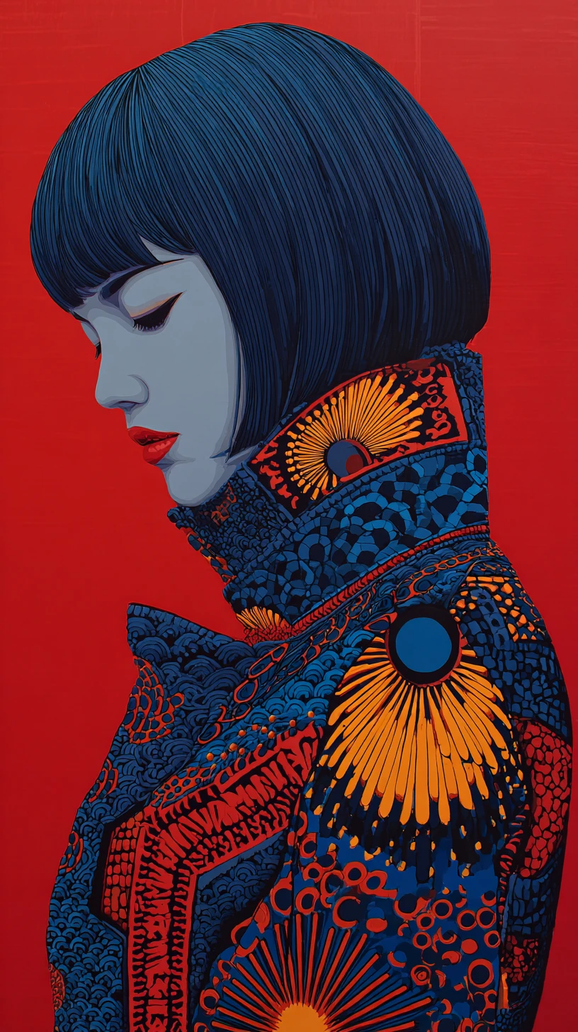 Ritratto stilizzato di donna con abito blu e rosso fantasia