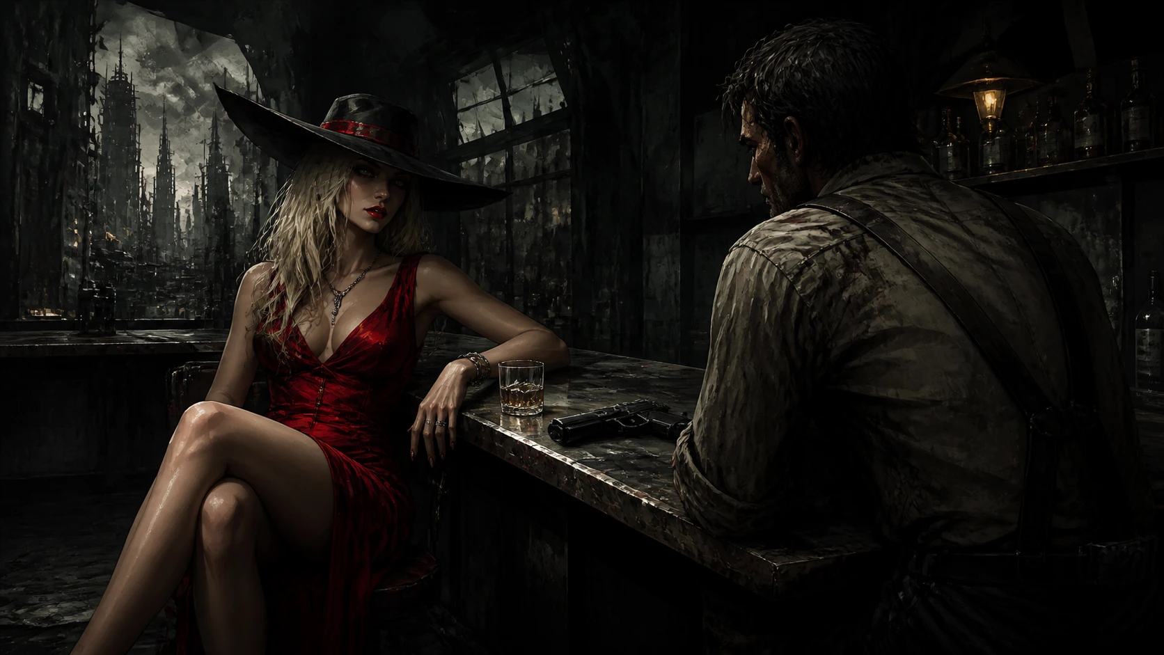 Mysterious blond woman in red dress at a gritty bar