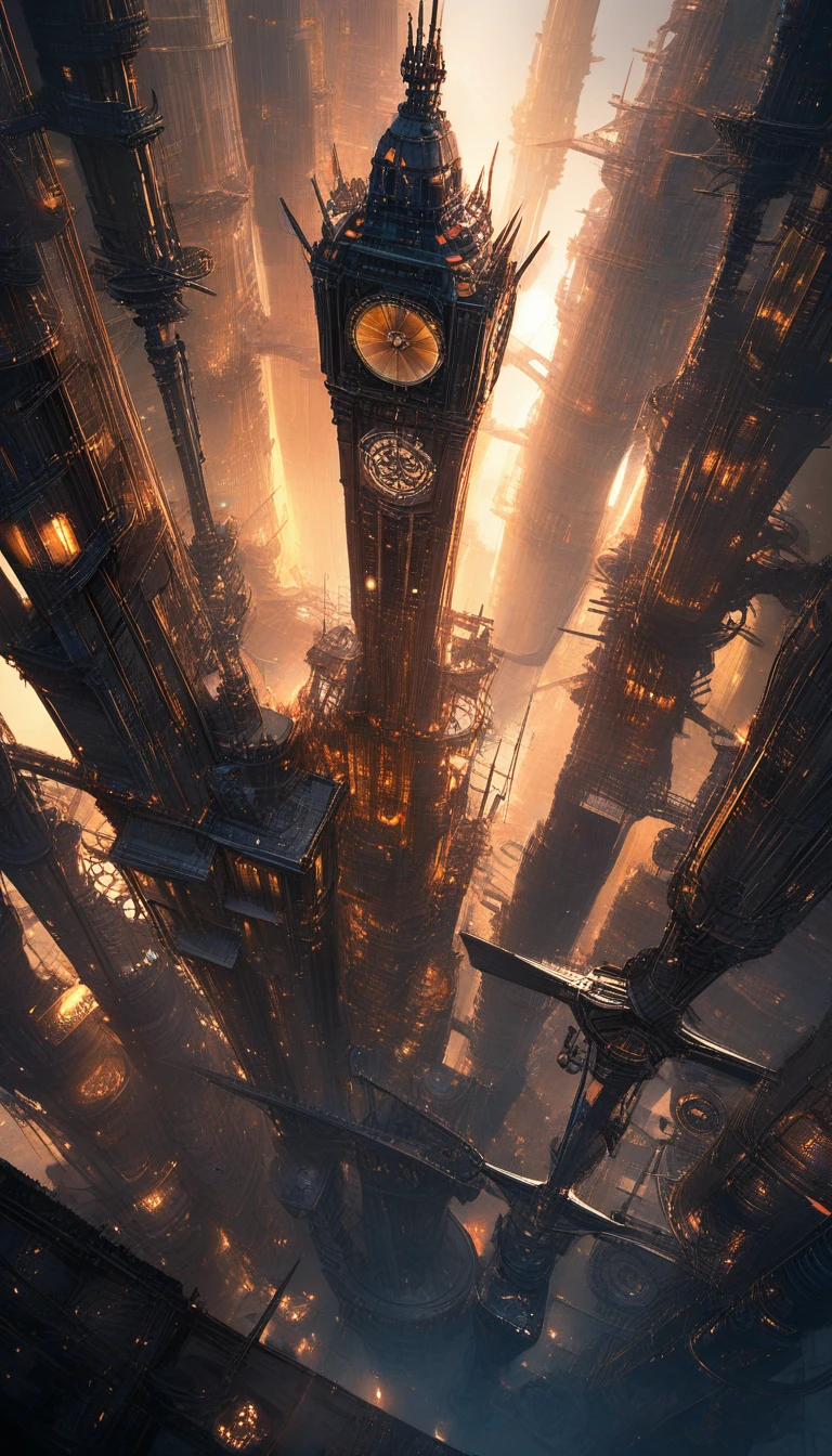 Majestic steampunk metropolis seen from an imposing airship