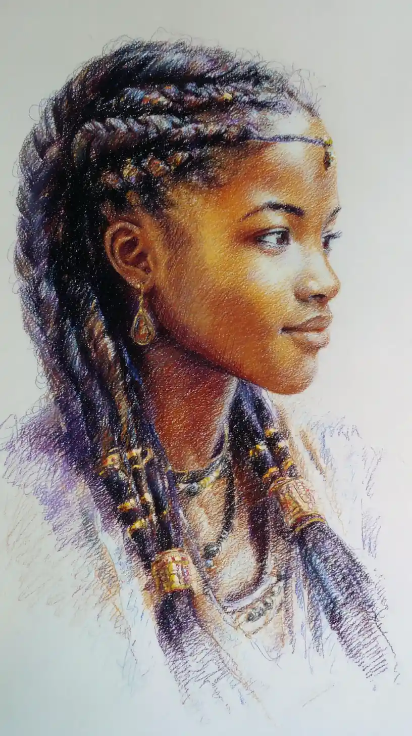 Retrato de niña africana a lápiz de color sobre papel texturizado
