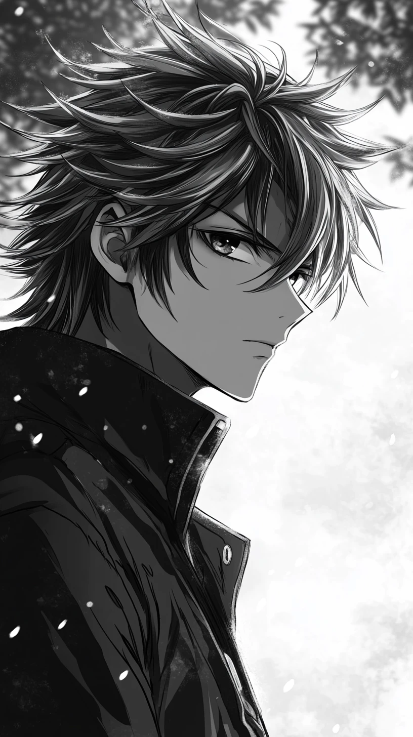 Brooding anime man in snow with dramatic backlight