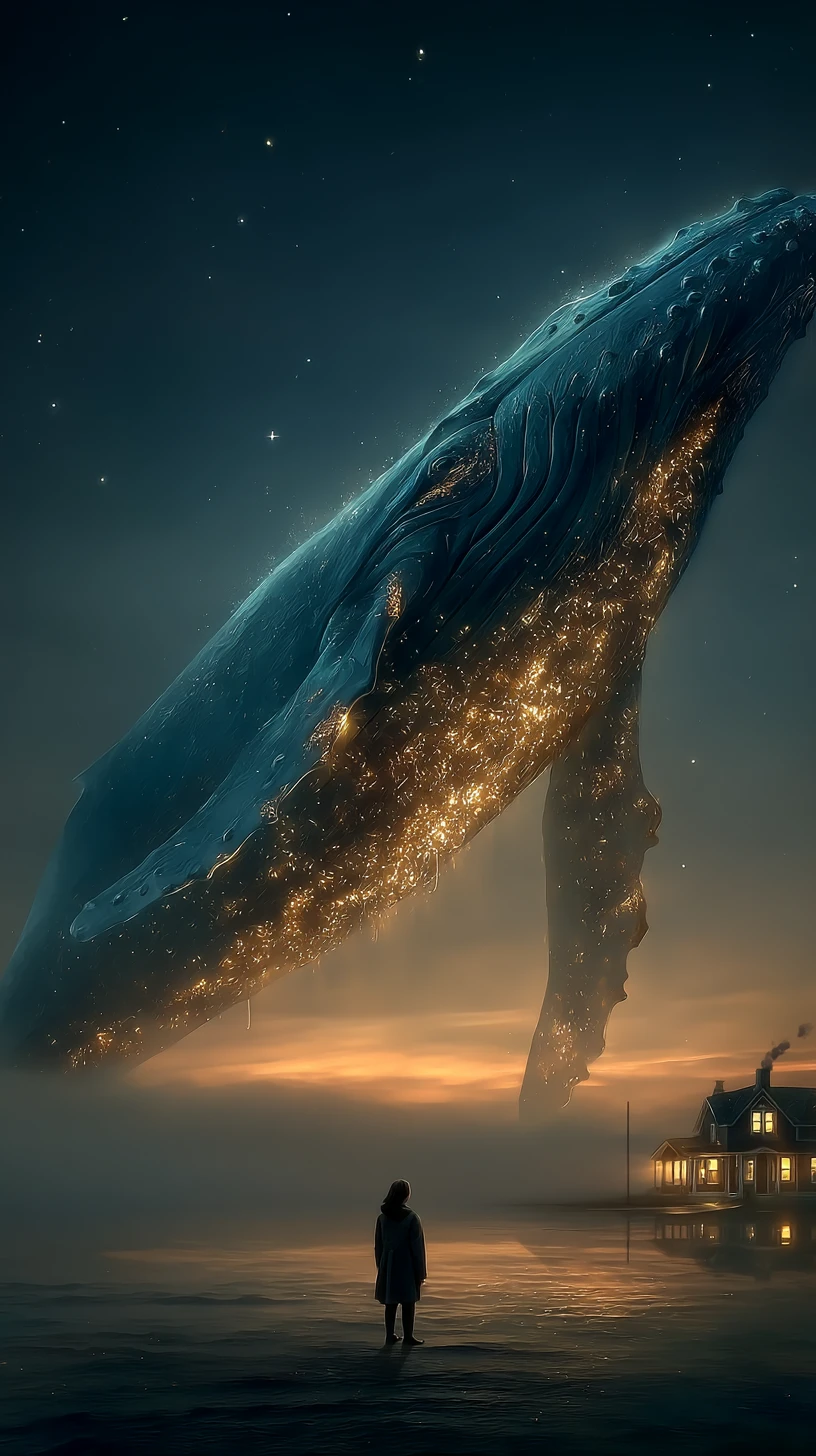 Giant Blue Whale Drifting Through A Luminous Starry Sky