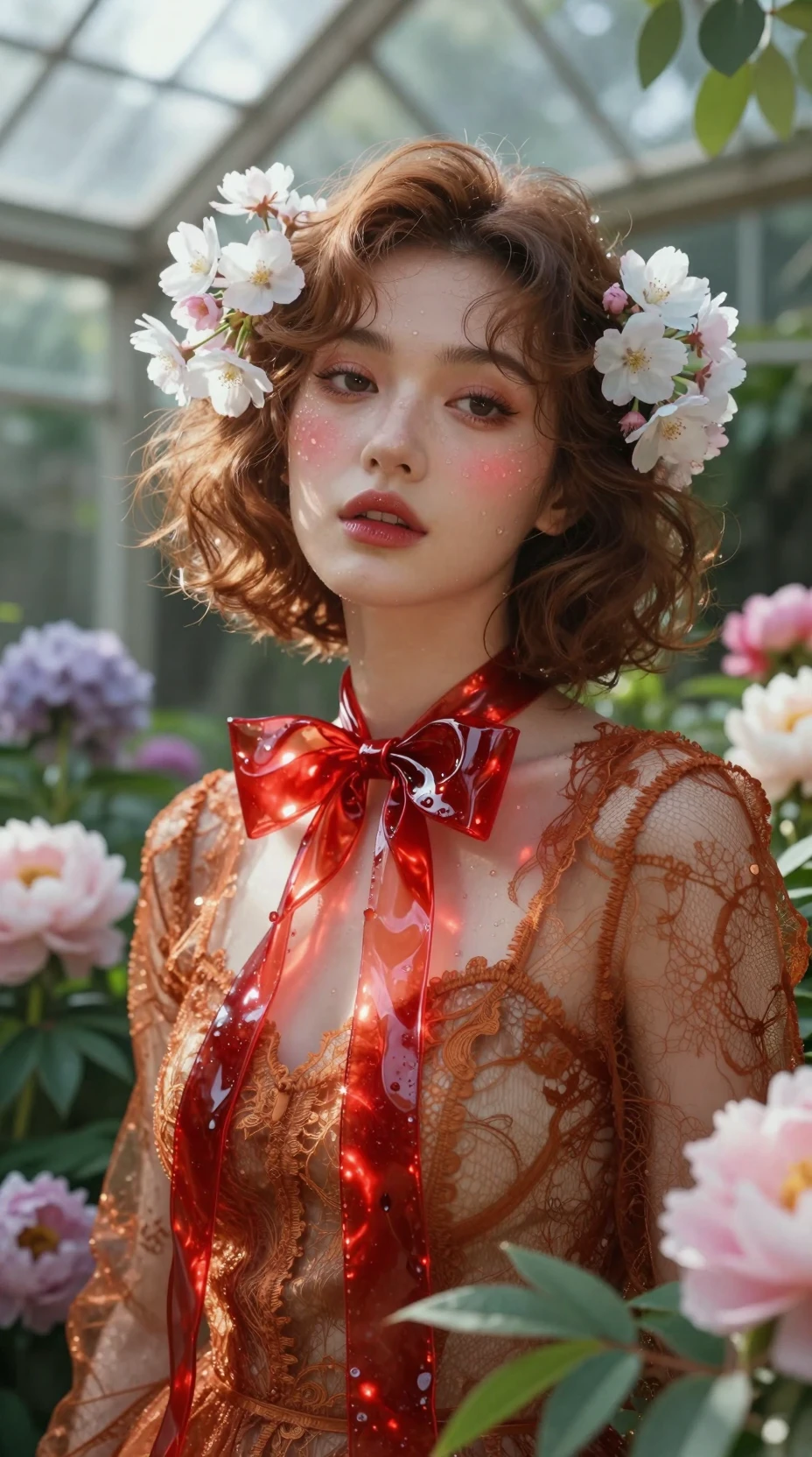Spring goddess portrait in a glass roof botanical garden