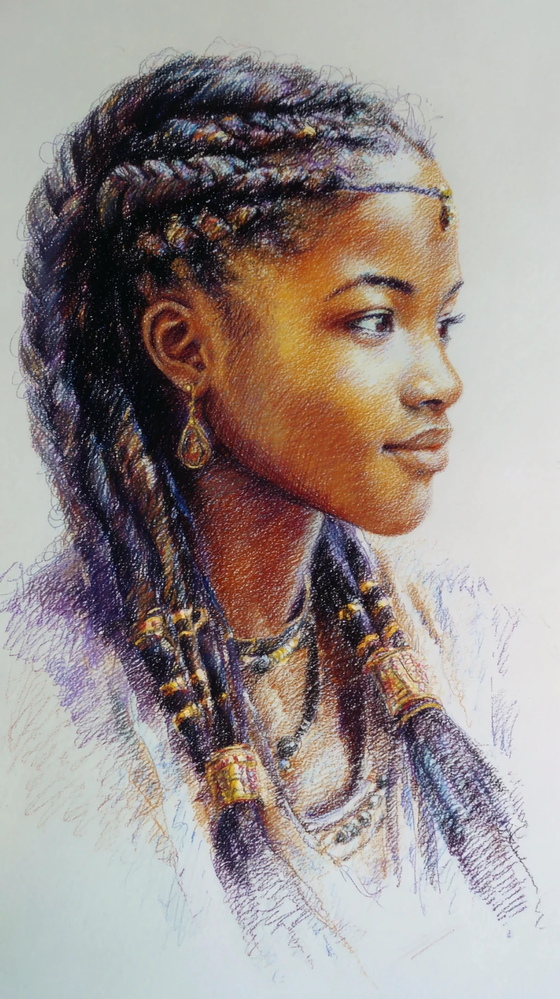 Retrato de garota africana em lápis de cor sobre papel texturizado