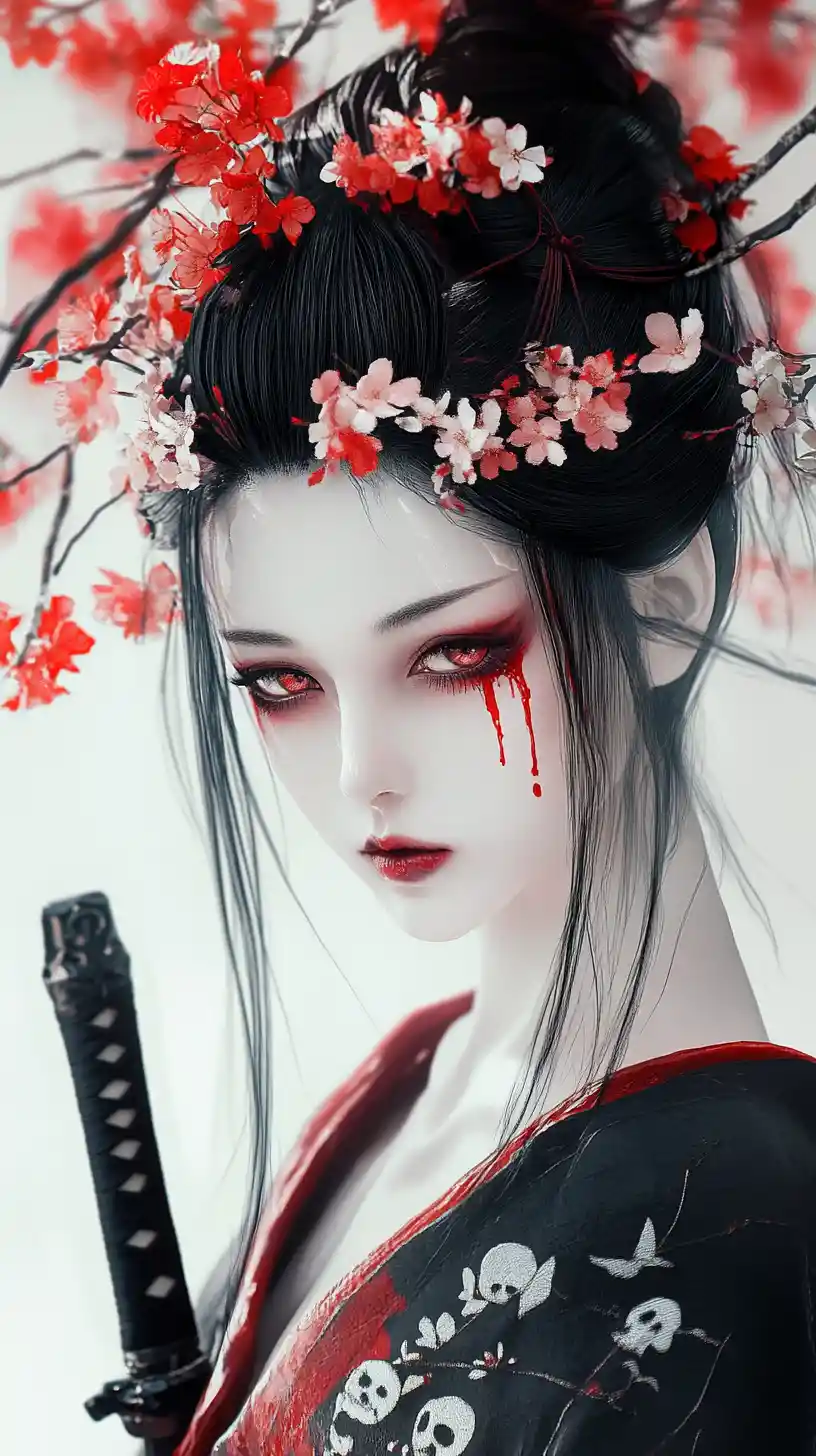Gothic Japanese woman with stitched lips and katana
