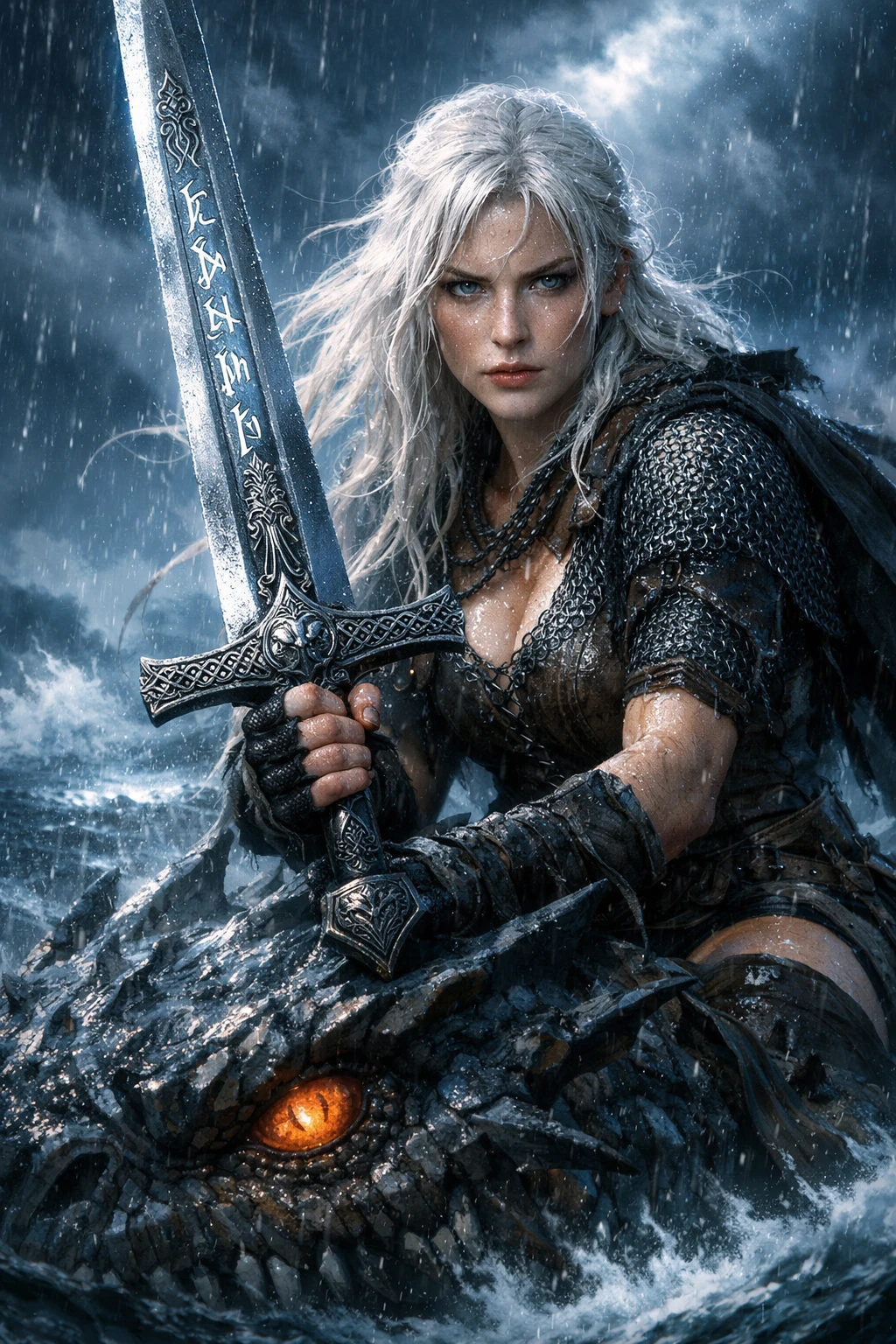 White haired warrior on sea dragon in stormy moonlit waves