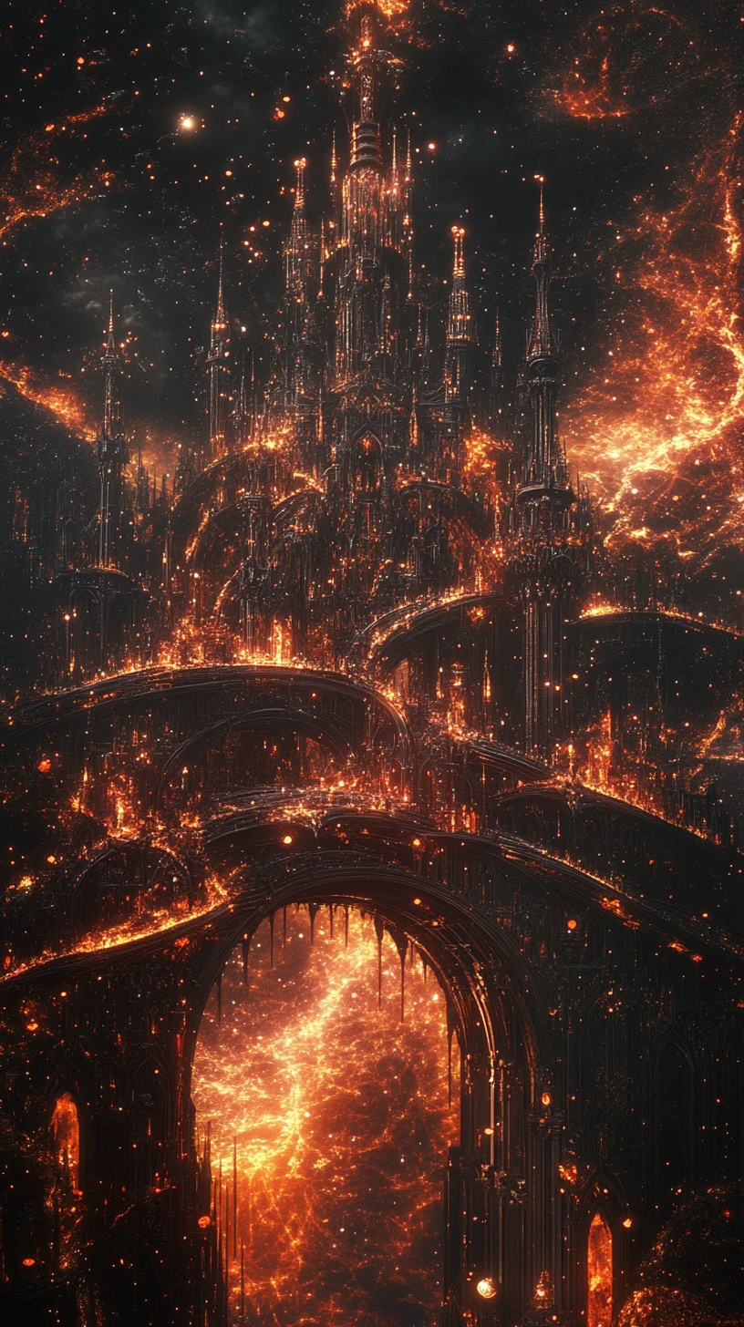 Glowing fantasy metropolis of twisted spires in darkness