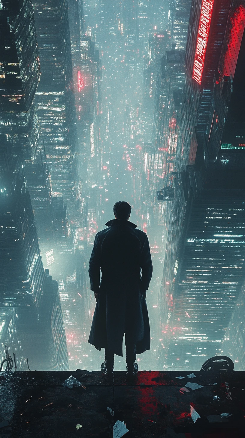 Lone man in cyberpunk alley under towering skyscrapers