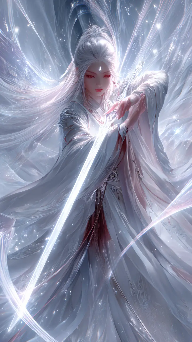 Celestial warrior woman with glowing ethereal sword