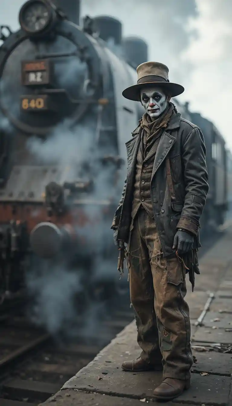 Homeless clown faced man on train platform with locomotive