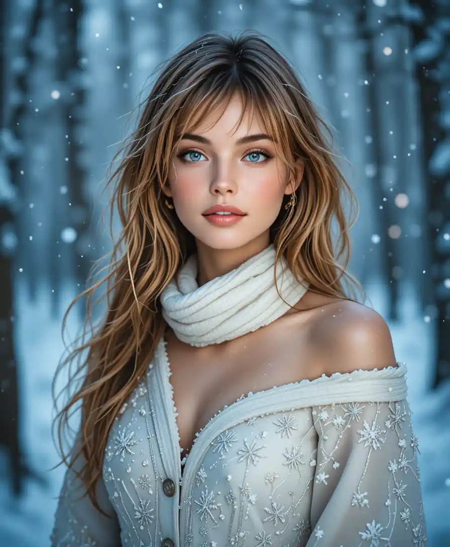 穿著白色大衣站在雪林中的優雅女子