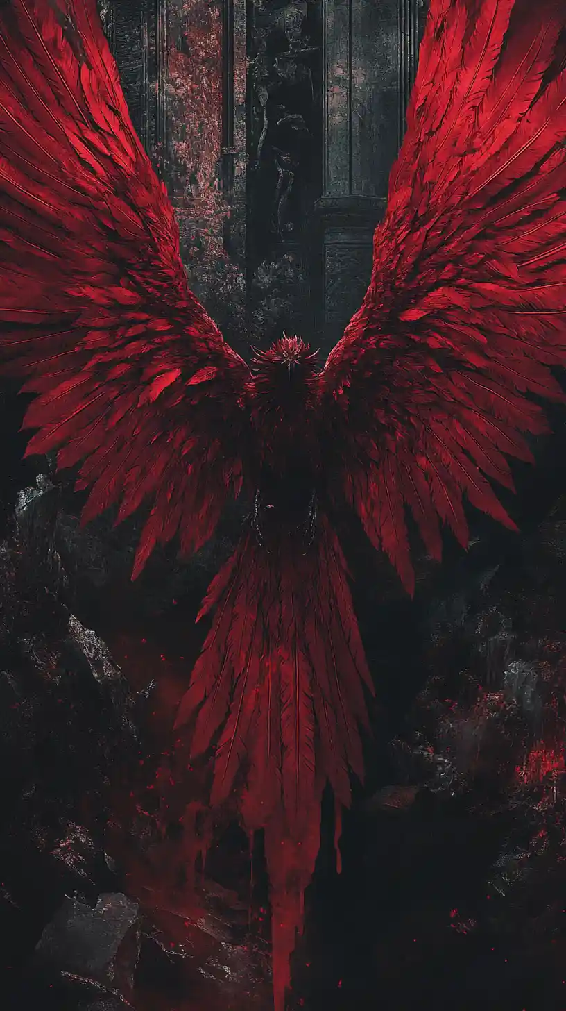 Angel with silent wings rising from the fiery hellscape