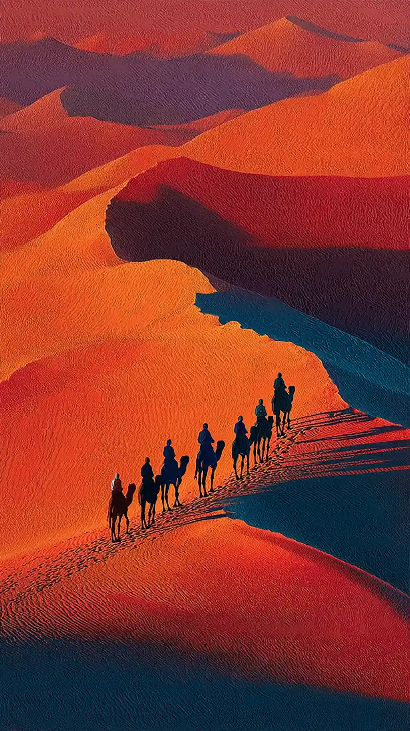 Carovana tuareg di cammelli che attraversa le dune illuminate dal sole nel Sahara