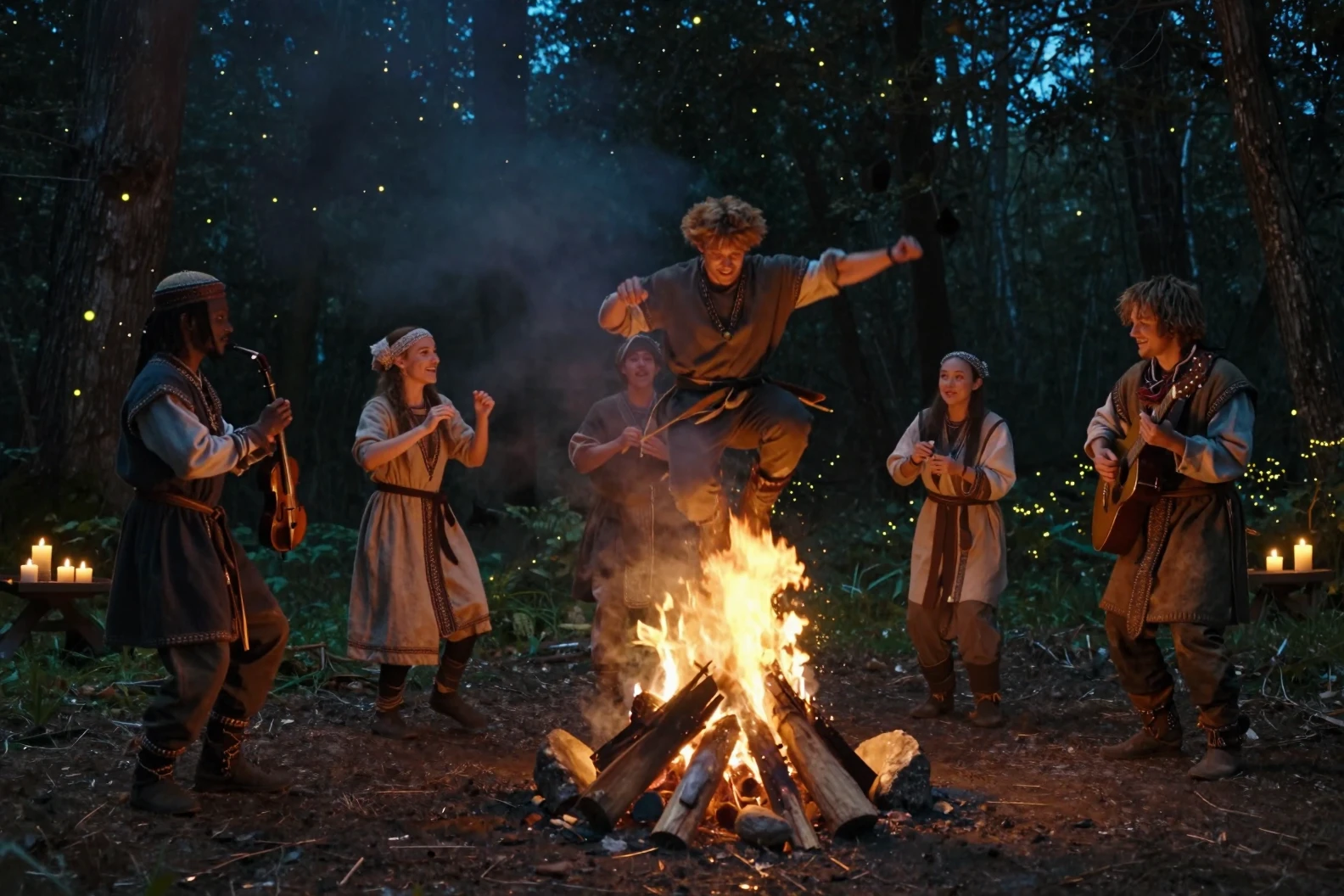 Friends dancing around a forest campfire at night