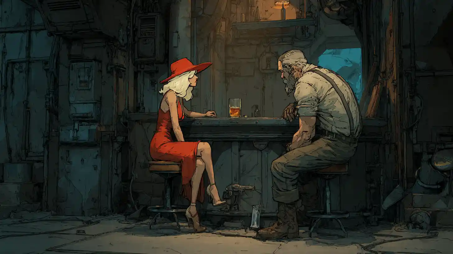 Blond woman in red dress at a dark noir bar