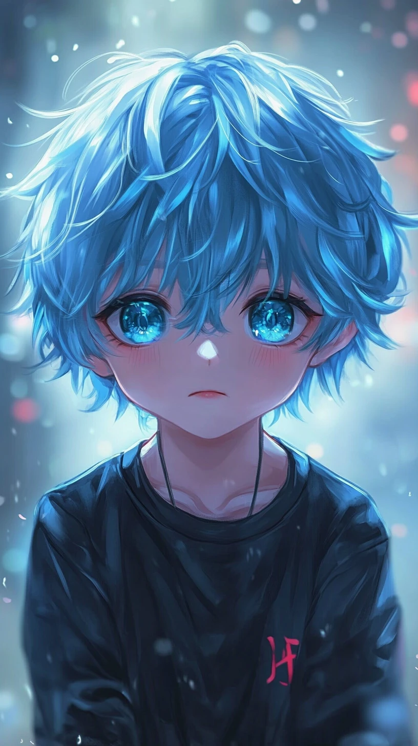 Cute chibi anime boy with dark blue hair in forest