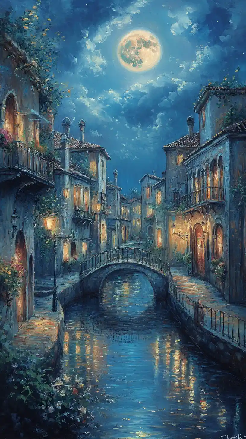 Moonlit european canal city with glowing historic architecture