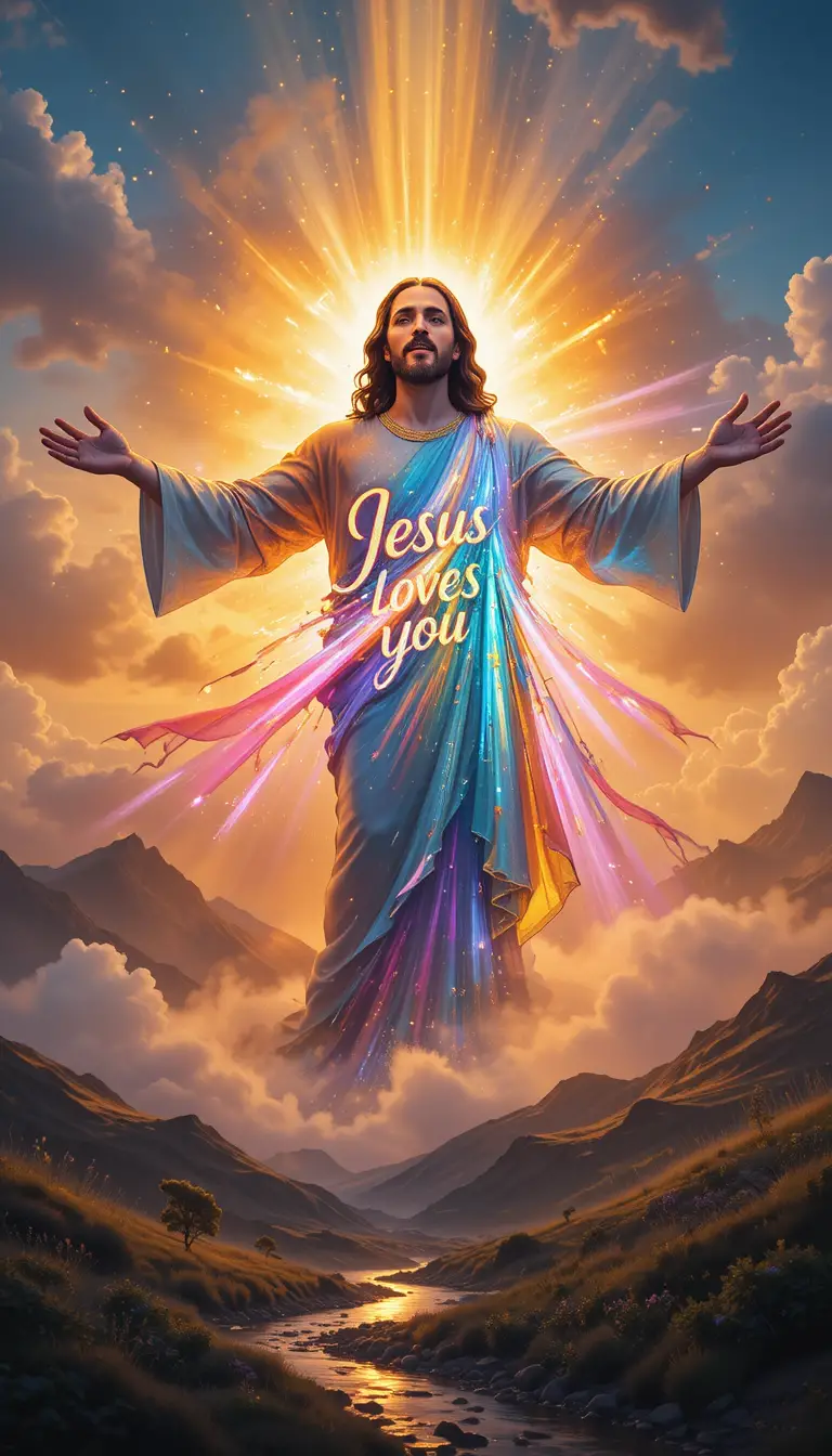 Jesus with radiant aura over peaceful sunset landscape