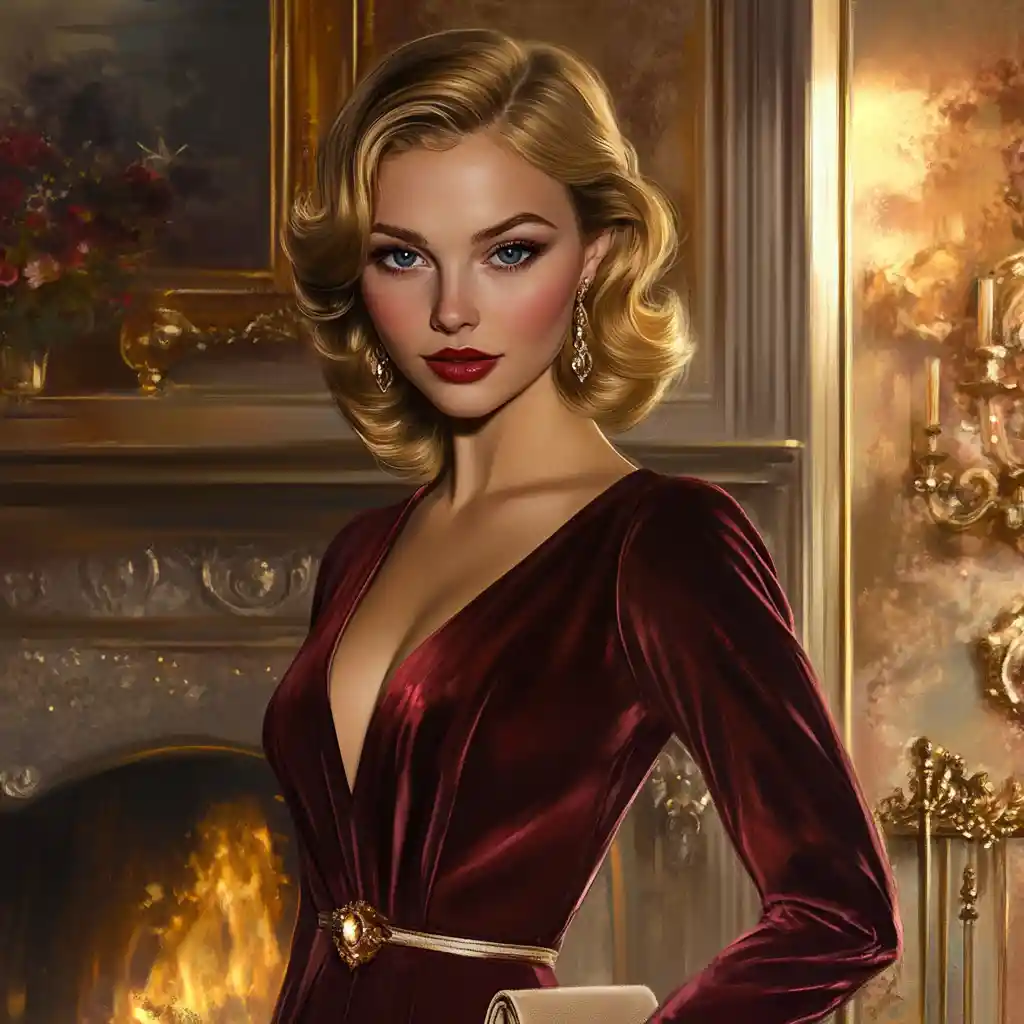 Elegant blonde woman in velvet dress by ornate fireplace