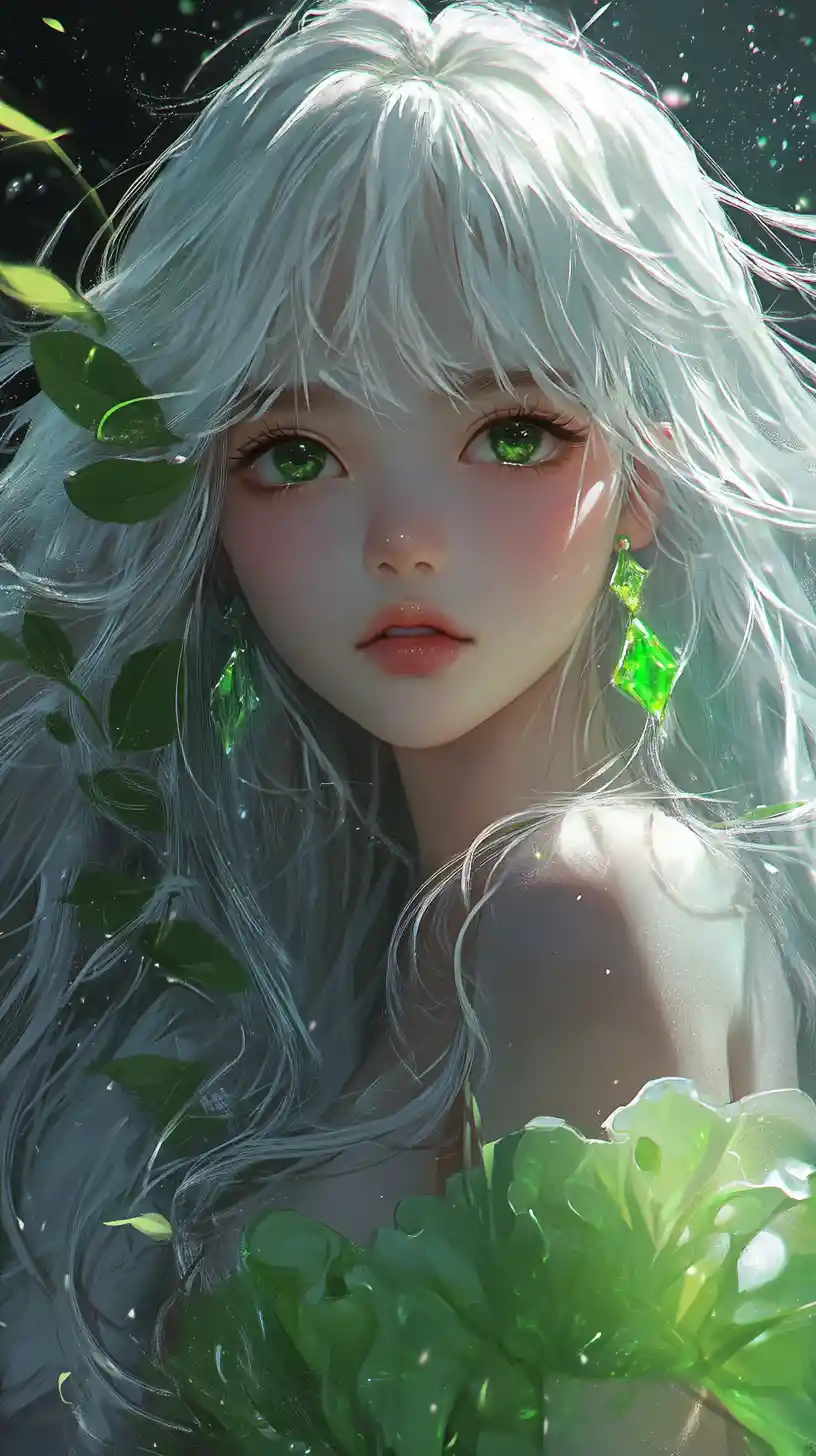 Ethereal anime girl with white hair and green eyes