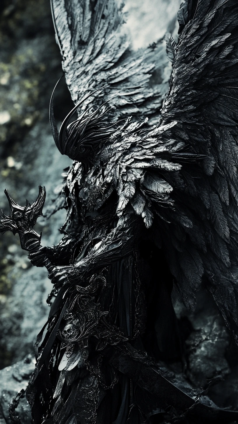 Angel wings rising from a fiery hellish abyss