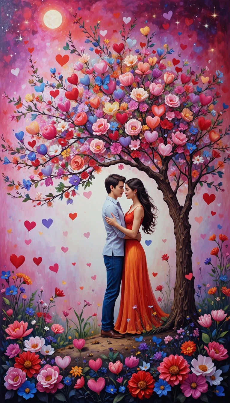 Romantic couple embracing under a blossoming tree of hearts
