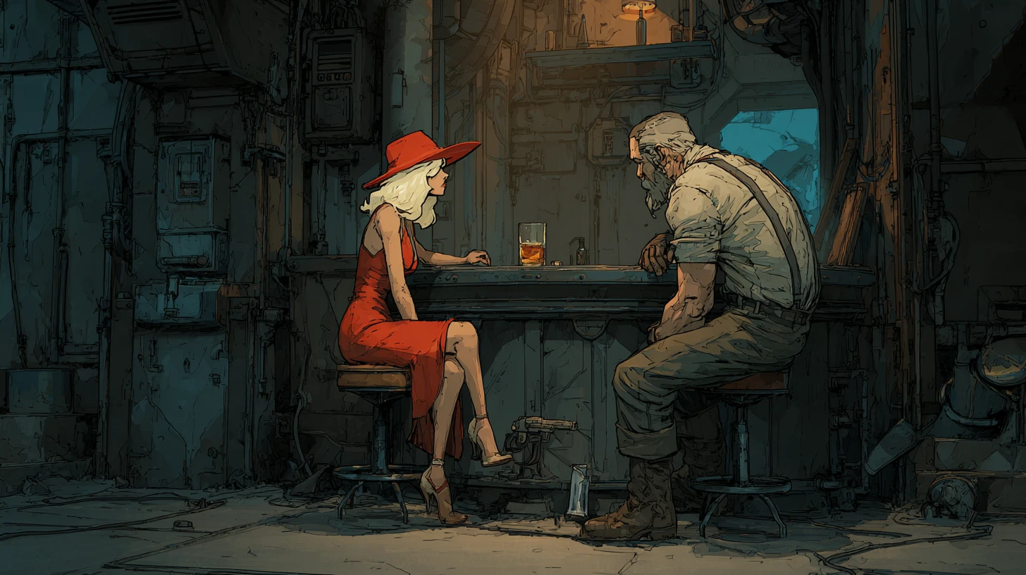 Blond woman in red dress at a dark noir bar