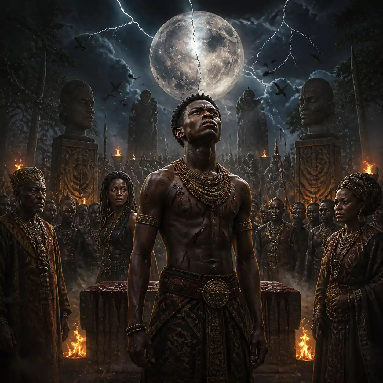 Young African prince in an ancient forest kingdom at dusk