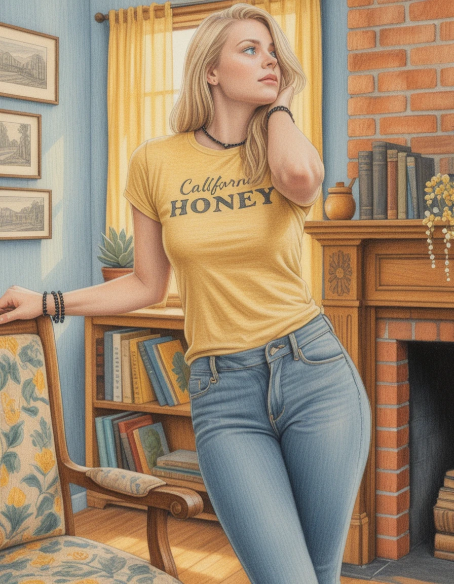 Blondes Mädchen im gelben Shirt träumt in gemütlichem Wohnzimmer vor sich hin