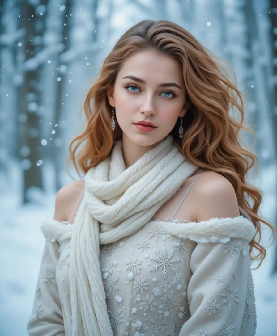Elegant woman in white coat in a snowy forest portrait