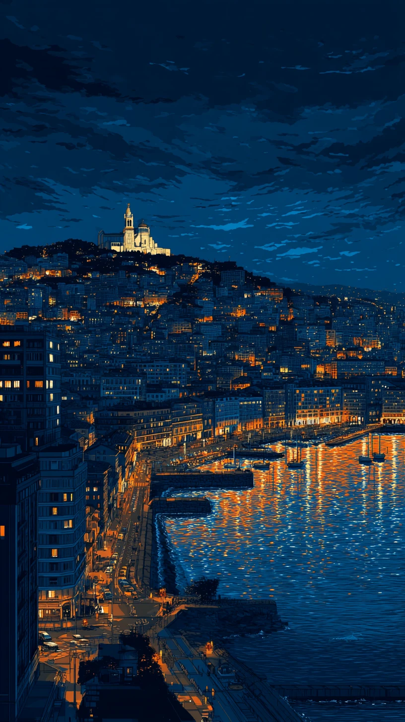 Night cityscape of Algiers glowing over the Mediterranean Sea