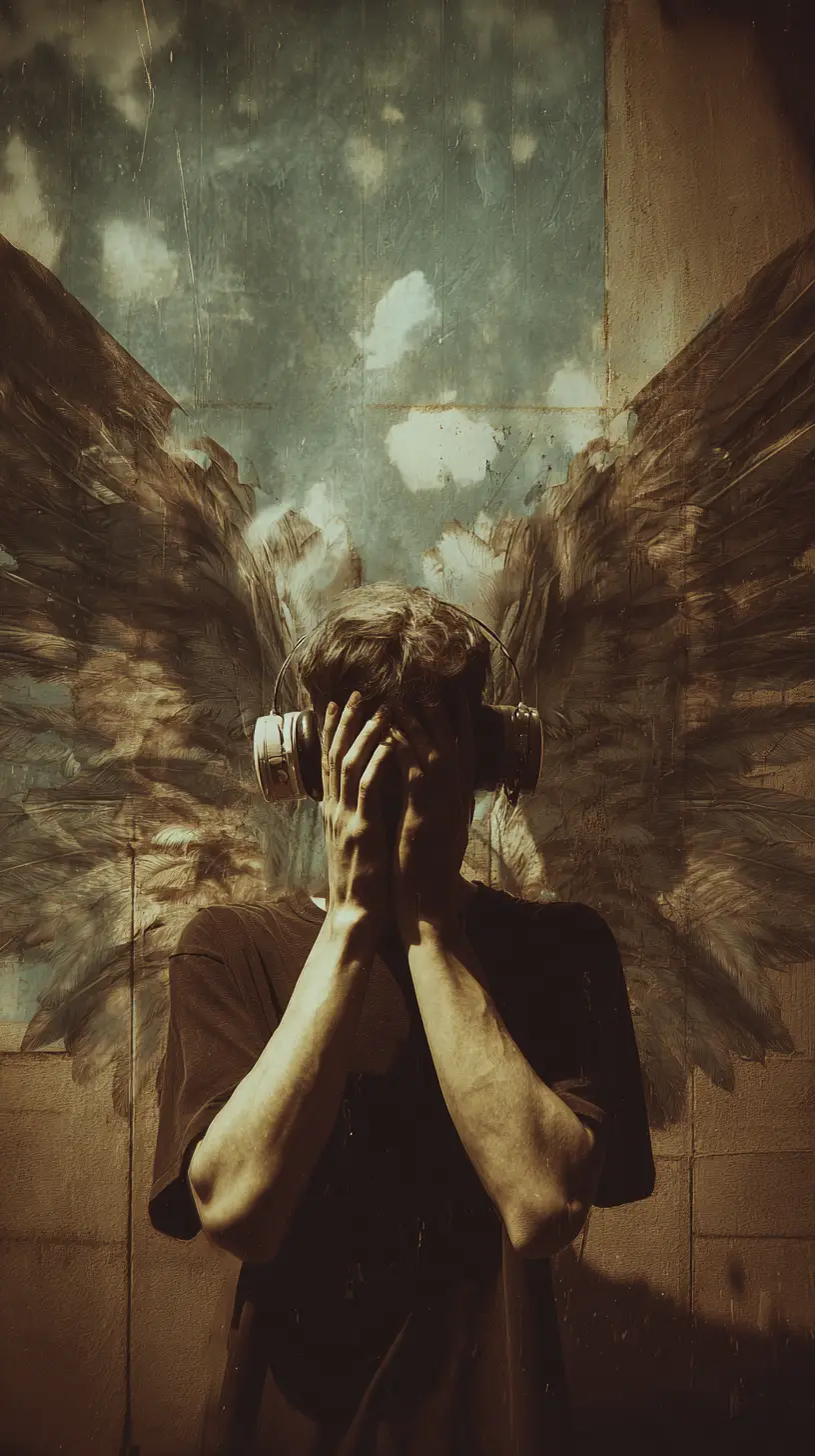 Fallen angel emerging from the fiery depths of hell